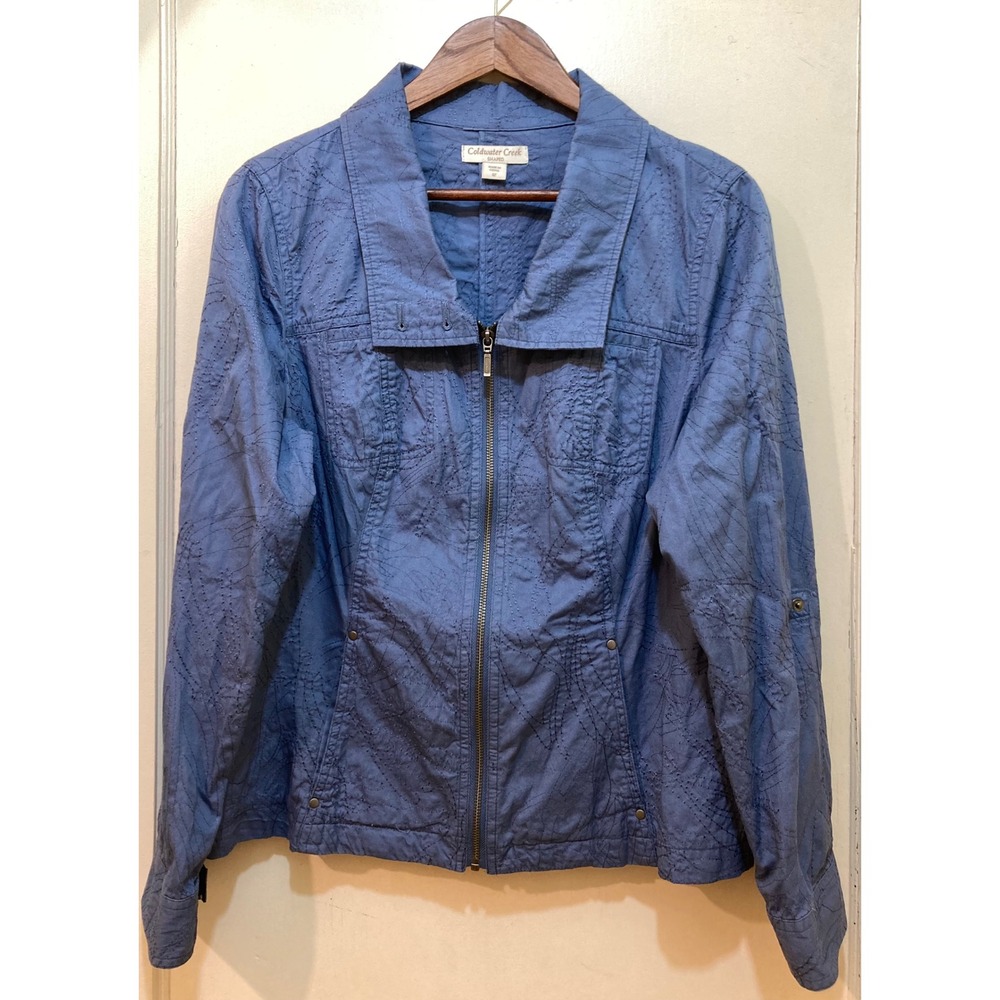 Coldwater Creek Shaped Jacket Womens 12 Blue Embroidered Cotton Zip Up Boho Chic